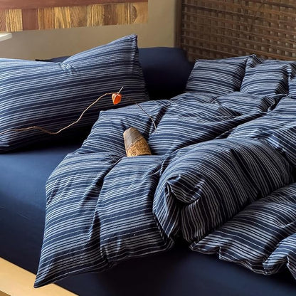 Striped Duvet Cover Twin Navy Blue Washed Cotton Comforter Cover Twin Soft Grey Vertical Stripe Farmhouse Duvet Cover Set with Zipper Boho Patterned Bedding Set Wabi Sabi Duvet Protector