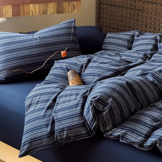 Striped Duvet Cover Twin Navy Blue Washed Cotton Comforter Cover Twin Soft Grey Vertical Stripe Farmhouse Duvet Cover Set with Zipper Boho Patterned Bedding Set Wabi Sabi Duvet Protector
