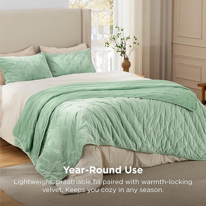 Bedsure Velvet Fleece Comforter Set King, Sage Green Lightweight Quilted Bedding Set, Soft Warm Blanket for All Season, 3 Pieces, 1 Comforter (104" x 90") and 2 Pillow Shams (20" x 36")