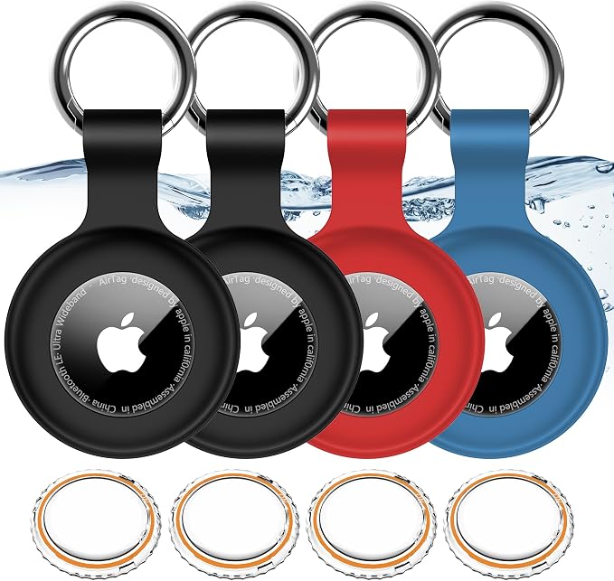 1|2|4Pack for Apple AirTag Holder with Keychain for Air Tag 2nd/1st Gen | Waterproof Air Tag Cover GPS Tracker Anti-Scratch Silicone Air-Tag Case for Pets,Kids,Luggages-Black+Black+Blue+Red