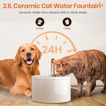 MISFANS Ceramic Cat Water Fountain, 2.1L/71oz, Honeycomb-Embossed Design | All-Ceramic Bowl and Lid, Pure Copper Spout, Under 20dB Pump, Dual Filtration, 2 Flow Modes, 3 Filters and Sponge