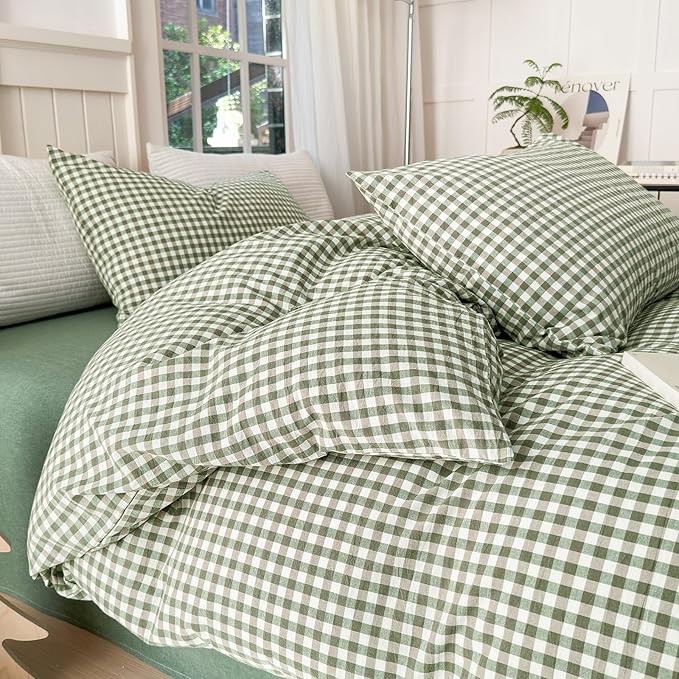 LifeTB Green Gingham Comforter Set California King Modern Style Green Plaid Grid Comforter with 2 Pillowcases Soft Fluffy Checkered Pattern Comforter Farmhouse Gingham Bedding Set Breathable