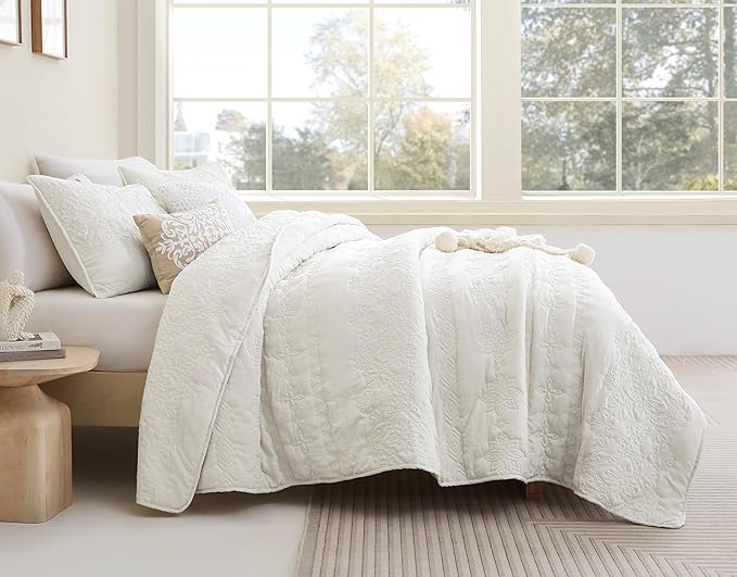 Boho Ivory Quilt Queen Size Bedding Sets with Pillow Sham, Bohemian Lightweight Soft Bedspread Coverlet, Cream Farmhouse Floral Vintage Thin Comforter Bed Cover All Season, 3 Pieces, 90x90 inches