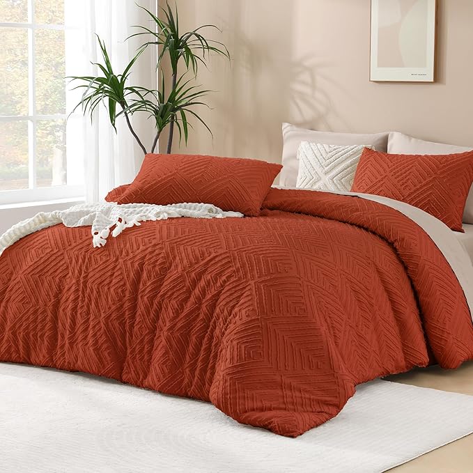 Andency Burnt Orange Queen Size Comforter, Terracotta Boho Fall Lightweight Fluffy Bedding Set & Collections for Queen Bed, 3 Pieces Rust Tufted Design Bed Set (90x90Inches, 2 Pillow Shams)