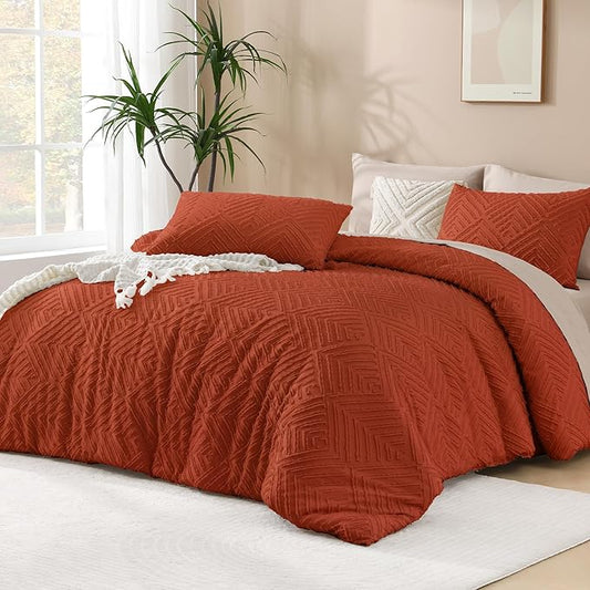 Andency Full Size Comforter Sets Burnt Orange, Boho Lightweight Full Bed Set, Terracotta Fluffy Bedding Set & Collections, 3 Pieces Rust Tufted Design (79x90Inches, 1 Comforter and 2 Pillow Shams)