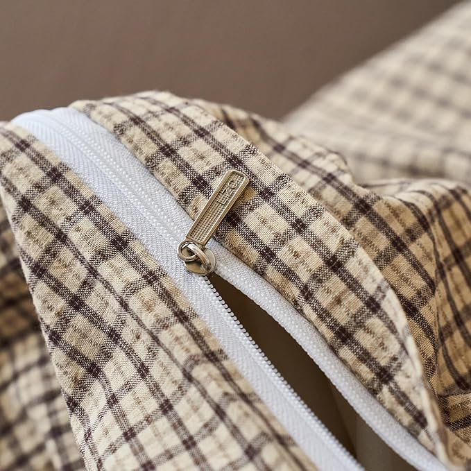 Gingham Duvet Full Size Cover Beige Boho Comforter Cover Full Size Washed Cotton Plaid Checkered Farmhouse Duvet Cover Set with Hidden Zipper Neutral Teen Bedding Set Soft Duvet Protector