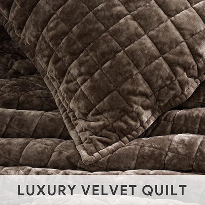 RECYCO Luxury Velvet Quilt Set, California King 118'' x 106'' Oversized Bedspread, Ultra Soft Velvet Comforter, Lightweight Box Stitch Bedding Sets for All Season, with 2 Shams, Walnut Brown