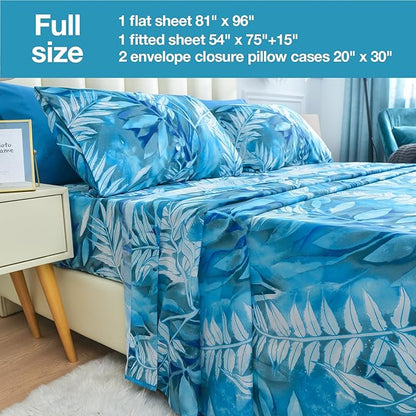JSD Teal Blue Tropical Leaves Sheet Set Full Size, 4 Piece Printed Microfiber Sheets Extra Deep Pocket Wrinkle Free
