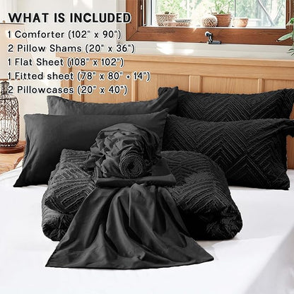 Zzlpp King Comforter Set 7 Pieces, Black Tufted Bed in a Bag with Comforter and Sheets, All Season Boho Bedding Sets with Comforter, 2 Pillow Shams, 2 Pillowcases, 1 Flat Sheet, 1 Fitted Sheet