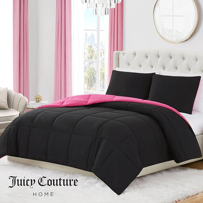 Juicy Couture Reversible Box Stitch Comforter Set, 2-Piece Twin/Twin XL – Hot Pink/Black – Glam Bedding Set