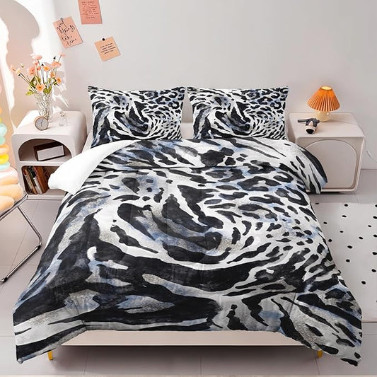 Tiger Stripe Comforter Set Full Black and White Texture Bedding Sets 3PCS for Kids Teen Adult Boy Room Decor Ultra-Soft Lightweight Microfiber 1 Comforter with 2 Pillowcases