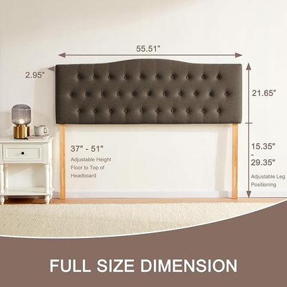 Tufted Headboard Full Size, Solid Wood Adjustable Height Head Board, Brown | Upholstered Full XL Headboard Only with Durable Solid Wood Legs, Adjustable Height 37-51 in, Fabric Button Diamond HeadBoards