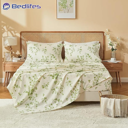 Bedlifes 100% French Linen Sheets King Size – Floral Printed, Botanical Pattern Breathable Cooling Sheet Set, 16" Deep Pocket, 4-Piece (King, Floral Green)