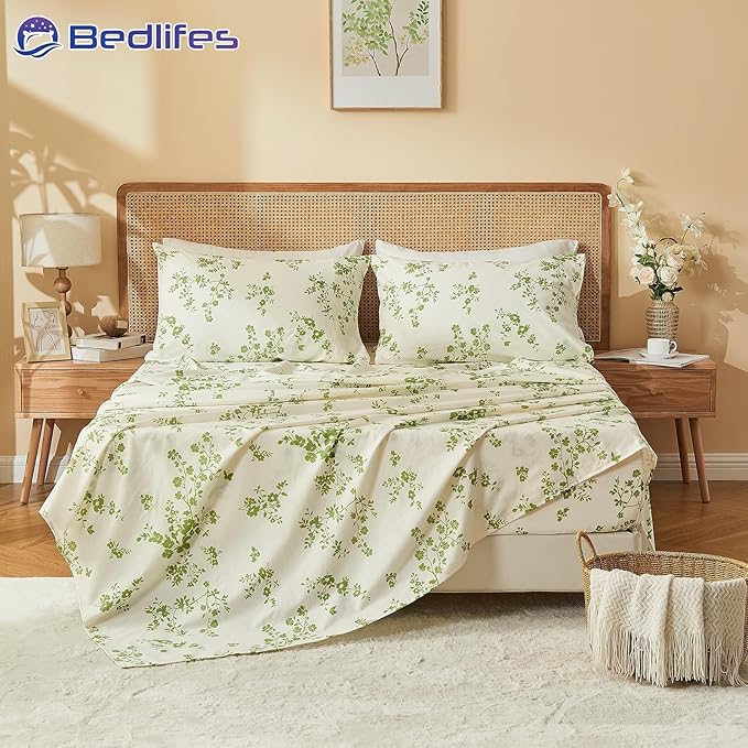 Bedlifes 100% French Linen Sheets Queen Size – Floral Printed, Botanical Pattern Breathable Cooling Sheet Set, 16" Deep Pocket, 4-Piece (Queen, Floral Green)