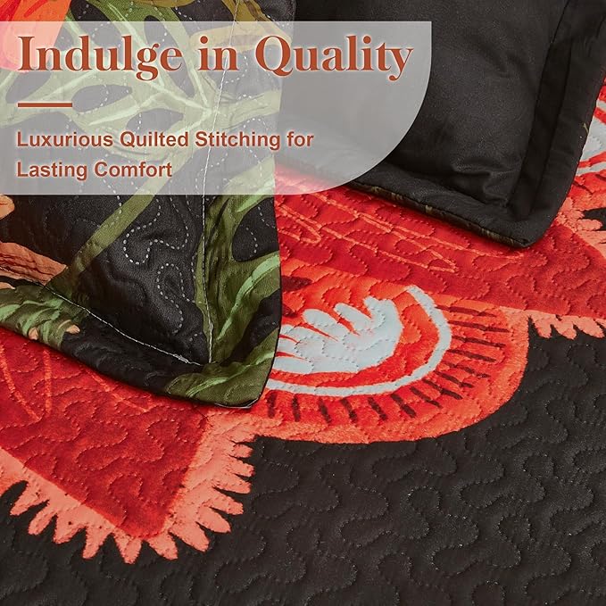 3 Piece Black Red Boho Floral Quilt Sets King Size Farmhouse Reversible Lightweight Bedspread Coverlet with 2 Shams Vintage Mid Century Microfiber Bedding Quilts Set for All Season, 106''x96''