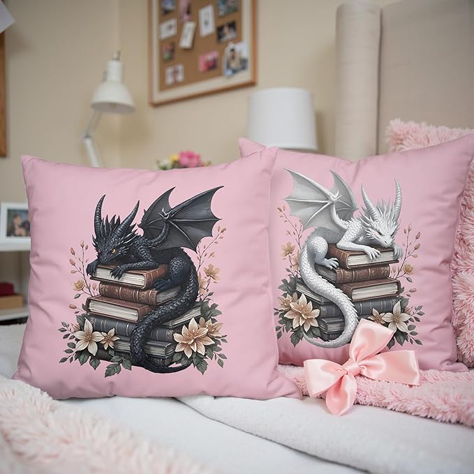 Vintage Magical Black White Dragon Reading Book Decor Throw Pillow Covers 18x18 Set of 2, Fantasy Room Decor for Kids, Gamers, and Bookworms,Reading Nook Decor, Gifts for Bookworm Readers(Pink)