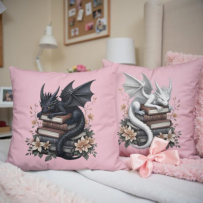 Vintage Magical Black White Dragon Reading Book Decor Throw Pillow Covers 18x18 Set of 2, Fantasy Room Decor for Kids, Gamers, and Bookworms,Reading Nook Decor, Gifts for Bookworm Readers(Pink)