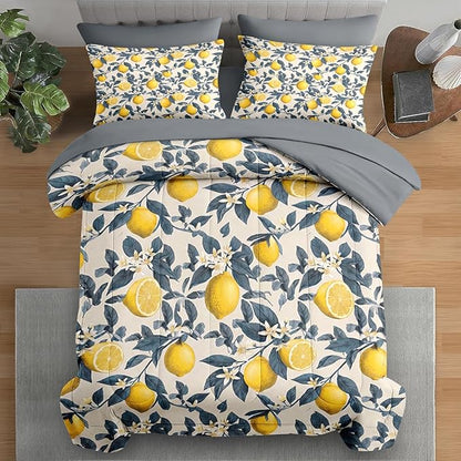 Comforter Set Full Size, Fruit Lemons Blue 7 Pcs Bedding for Kids and Adults, Leaves Brown Flower Bed Sheet Sets with Fitted Sheet 2 Pillowcase & 2 Sham for Bedroom Bed Decor