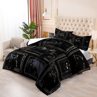 Black Cat Comforter Set for Girls - Kawaii Twin Size Bedding for Teens, Cute Room Decor