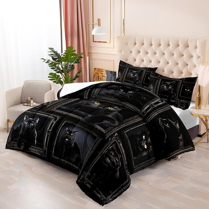Black Cat Comforter Set for Girls - Kawaii Full Size Bedding, Cute Teen Room Decor