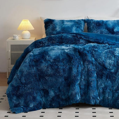 Wajade Faux Fur Plush White Comforter Set Fluffy Fuzzy Shaggy Bedding Set - 3PC Full/Queen Microfiber Soft Warm Quilt Set (Tie Dye Blue White, King)