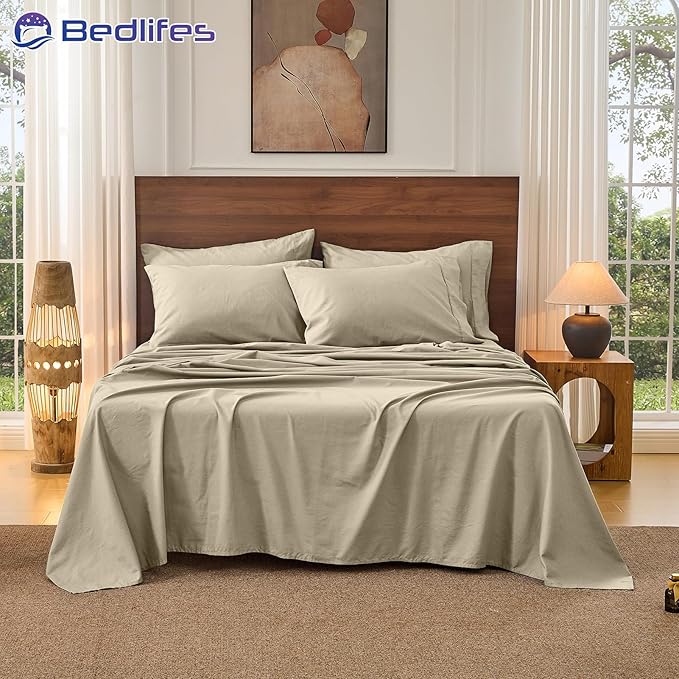 Bedlifes 100% French Pure Linen Sheets Queen Size Breathable and Cooling Flax Sheet Set Soft Durable and Moisture Wicking 16 Inch Deep Pocket-4 Piece(Queen,Taupe)
