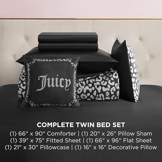 Juicy Couture Modern Black Leopard Satin Twin Comforter Set - Luxury Bed in a Bag – Soft & Stylish 6-Piece Bedding Collection