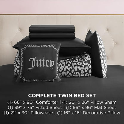 Juicy Couture Modern Black Leopard Satin Twin Comforter Set - Luxury Bed in a Bag – Soft & Stylish 6-Piece Bedding Collection