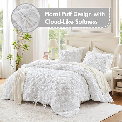 Intelligent Design King Comforter Set – White Lily Puffy Floral Shabby Chic Boho Bedding Comforter Set, Pinch Pleat Bedding Sets, Ultra-Soft, Lightweight & All-Season, King/Cal K