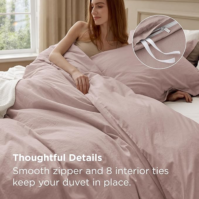Bedsure 100% Washed Cotton Duvet Cover Full Size - Petal Pink Minimalist Bedding Set Linen Like - PureWoven Plain Simple & Soft Comforter Cover for All Seasons (Petal Pink, Full, 80"x90")