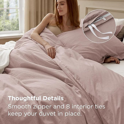 Bedsure 100% Washed Cotton Duvet Cover Full Size - Petal Pink Minimalist Bedding Set Linen Like - PureWoven Plain Simple & Soft Comforter Cover for All Seasons (Petal Pink, Full, 80"x90")