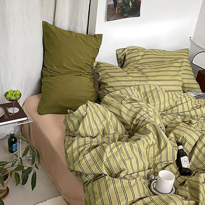 mixinni Vintage Stripes Duvet Cover Set Queen - 3-Piece Mid-Century Cotton Olive & Taupe Striped Bedding, Soft Breathable All-Season Comforter Cover with Zipper Closure & Corner Ties-Queen Size