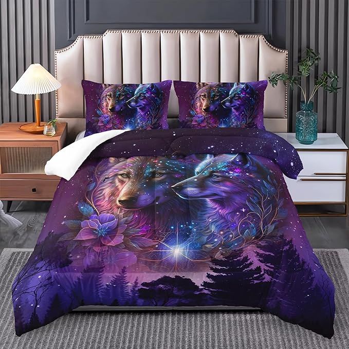 Wolf Bedding Set - Twin Size Comforter Set with Camping Theme and Animal Print Pattern