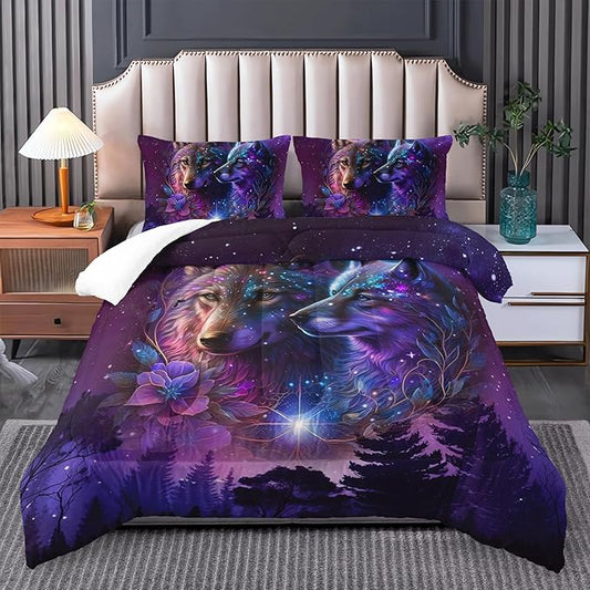 Wolf Bedding Set King Size - Camping Theme Comforter Set With Animal Print