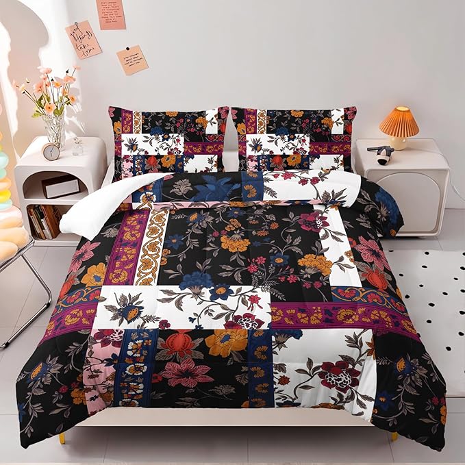 Boho Floral Comforter Set King Size Checkered Flower Bedding Sets 3PCS for Kids Teen Adult Retro Flowers Room Decor Ultra-Soft Lightweight Microfiber 1 Comforter with 2 Pillowcases