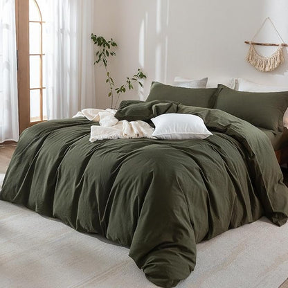 Linen Feel Duvet Cover Oversized King Size 120inch x 98inch,100% Washed Cotton Duvet Cover with Zipper Closure and 2 Pillowcases, Color of Olive Green