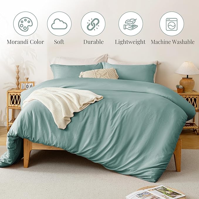 MILDLY Super Soft Duvet Cover 2pcs - 100% Washed Microfiber Grayish Teal Comforter Cover Set with Zipper Closure & Corner Ties (No Comforter)