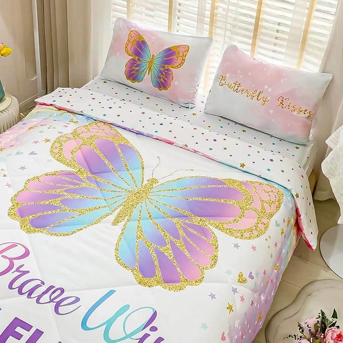 Cokouchyi Twin Size Comforter Set for Girls, 5-Piece Bed in a Bag, 3D Colorful Butterfly Bedding Comforter Sheet Set, Ultra Soft and Fluffy, Pink & Rainbow Color