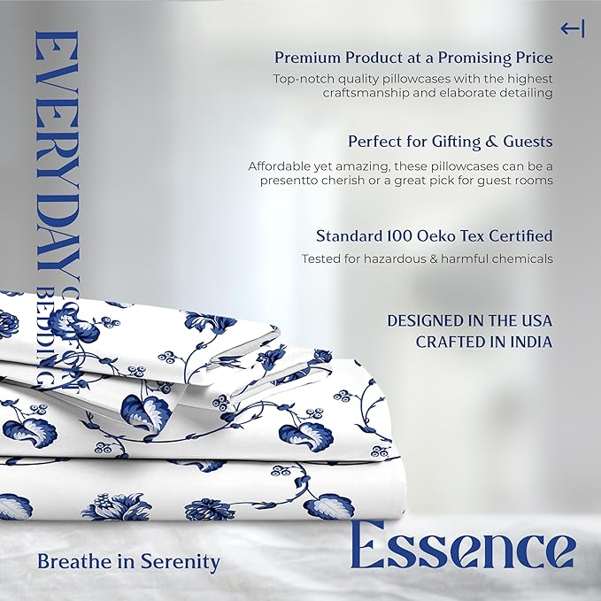 Mayfair Linen 100% Organic Cotton Printed Sheets Queen Size - Percale Weave Cotton Queen Size Sheet Set (4 PC, Floral Blue), Soft & Crisp, GOTS Certified, Cooling Sheets, 16" Deep Pocket