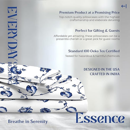 Mayfair Linen 100% Organic Cotton Printed Sheets King Size - Percale Weave Cotton King Size Sheet Set (4 PC, Floral Blue), Soft & Crisp, GOTS Certified, Cooling Sheets, 16" Deep Pocket