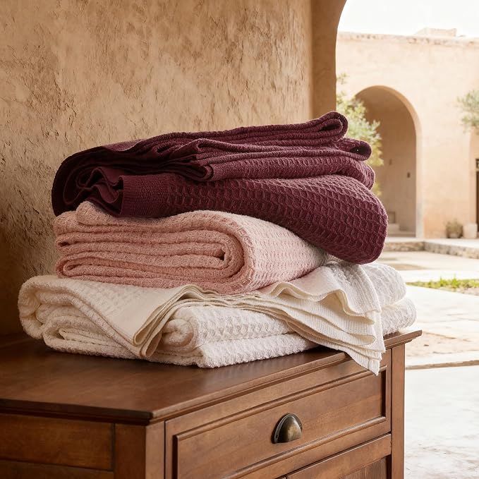 Bedsure Gentlesoft 100% Cotton Blanket King Size for Bed - Breathable and Soft for Spring Summer, Thick Cozy Waffle Weave Blanket Gifts for Women, Burgundy, 104x90 inches