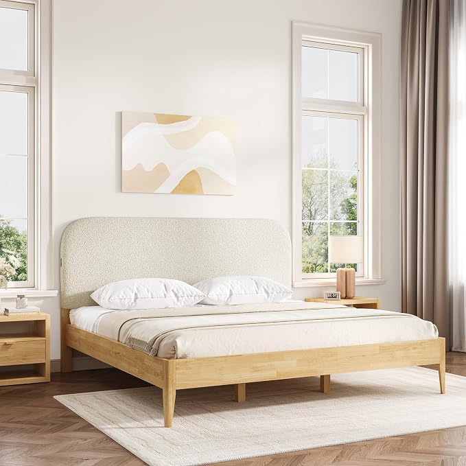 KISLOT Wood Bed Frame with USB & Type-C, Boucle Headboard, Oat, King | Platform Bed, Mattress Foundation, No Box Spring Needed, Easy Assembly