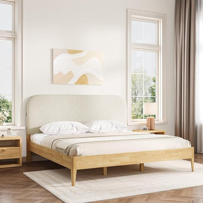 KISLOT Wood Bed Frame with USB & Type-C, Boucle Headboard, Oat, King | Platform Bed, Mattress Foundation, No Box Spring Needed, Easy Assembly