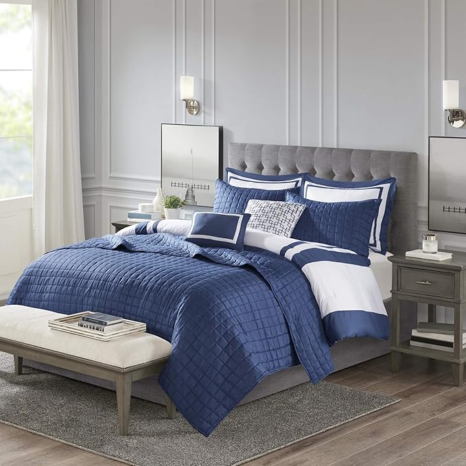 Madison Park Heritage Comforter Quilt Combo Set - Modern Luxury Design, All Season Down Alternative Bedding, Matching Shams, Decorative Pillows, King/Cal King(104"x92"), Color Block Navy 8 Piece