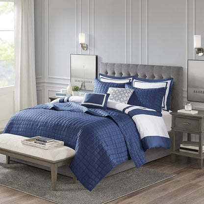 Madison Park Heritage Comforter Quilt Combo Set - Modern Luxury Design, All Season Down Alternative Bedding, Matching Shams, Decorative Pillows, King/Cal King(104"x92"), Color Block Navy 8 Piece