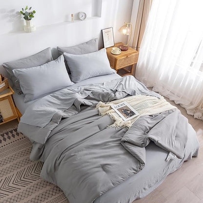 COTTEBED Super Soft King Size Comforter Set with Sheets - 7 Pieces King Bed in A Bag Modern Farmhouse Solid Polycotton Dark Gray Conforter and Light Grey Bedding Sheet Set Pillow Shams All Season Use