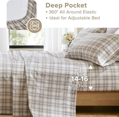 Comfort Spaces 100% Cotton Sheets Cal King, Breathable, Naturally Cool Cotton Sheets, Cotton Bed Sheets with 14" Elastic Pocket Fits up to 16" Mattress, All Seasons Sheet Set, Wesley Taupe 4 Piece