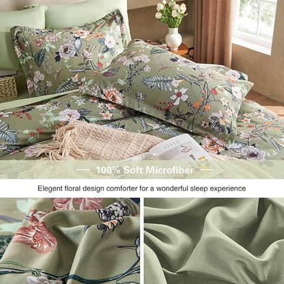7 Piece King Comforter Set, Sage Green Butterfly Floral Comforter Set with Flowers Leaves Pattern, Soft Microfiber Complete Bedding Set for All Season(Sage Green, King)
