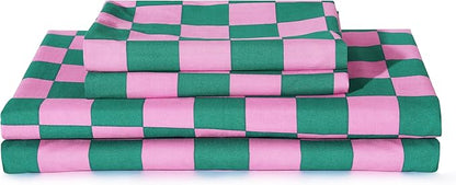 Best Season Bed Sheet Set 3 Pieces -Twin Size-Soft Durable Microfiber Bedding Sheet Set,Deep Pocket,Stain,Fade & Wrinkle Resistant (Plaid Pink&Green)