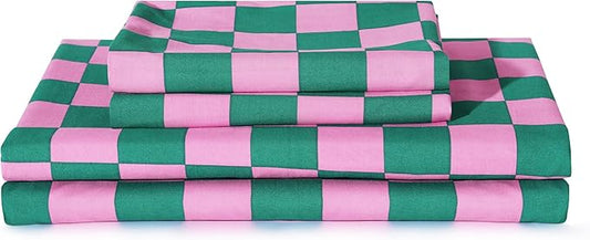 Best Season Bed Sheet Set 3 Pieces -Twin Size-Soft Durable Microfiber Bedding Sheet Set,Deep Pocket,Stain,Fade & Wrinkle Resistant (Plaid Pink&Green)